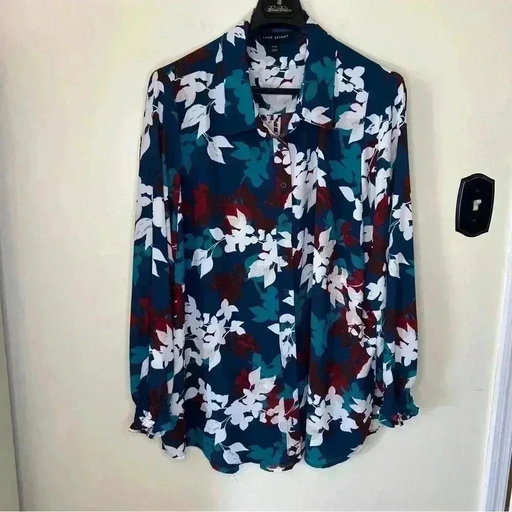 Lane Bryant Womens Floral Emerald Green Long Sleeve Button Up Collar Shirt